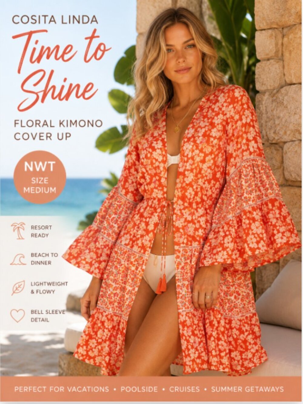 NWT Cosita Linda Floral Bell Sleeve Kimono Cover Up Medium Resortwear